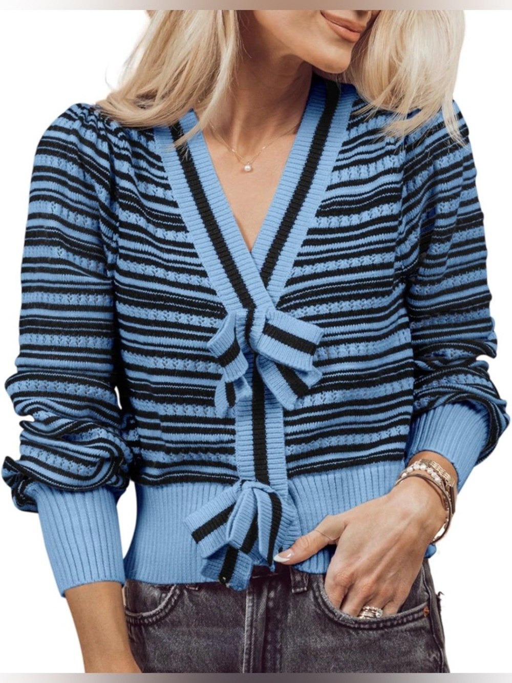 Womens Striped Cropped Sweaters V Neck Cute Bow Tie Puff Sleeve Loose Knit XL